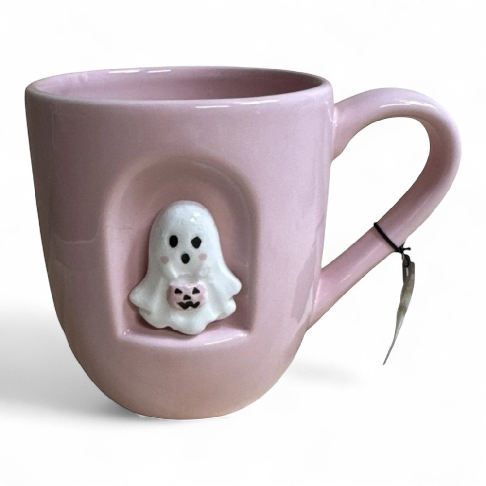 Halloween Peeping 3D Ghost with Pumpkin Ceramic Mug Pink Pastel